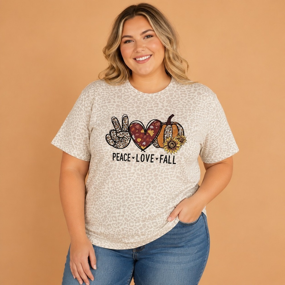 Peace Love Fall Graphic Leopard Print T-Shirt Women's Large Cozy Girl Teacher